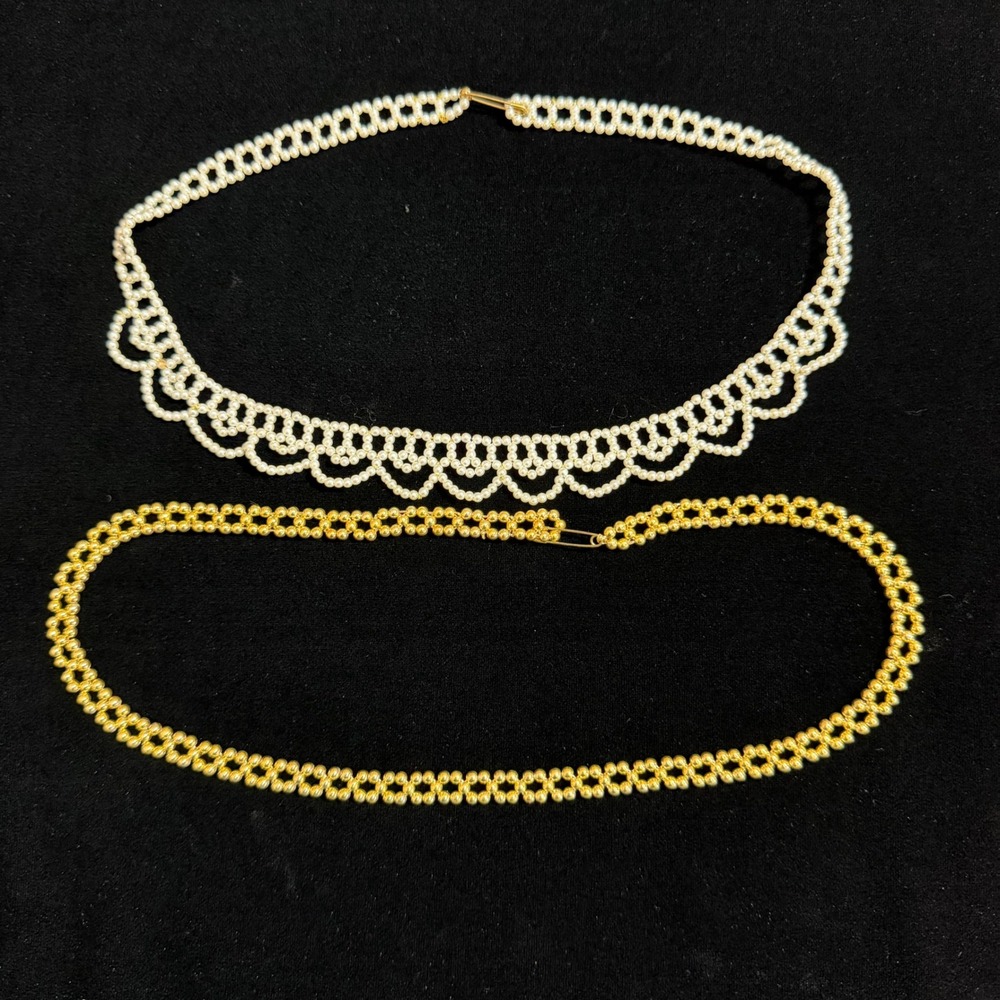 Vintage Woven Bead Necklace 2pc Set Faux Pearl Scalloped Collar & Gold No Clasps